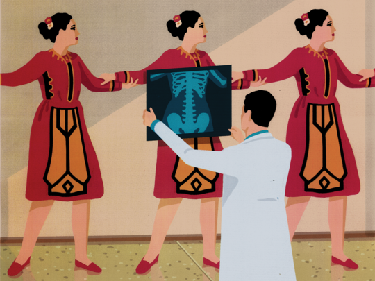 Illustration of identical women with linked arms, and a doctor holding up an X-Ray over one woman's chest.