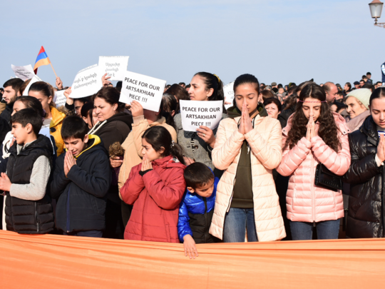Crowd protesting Artsakh blockade.