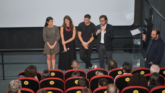Directors and producers answering questions at the "Armenians in Film" event in Brazil.